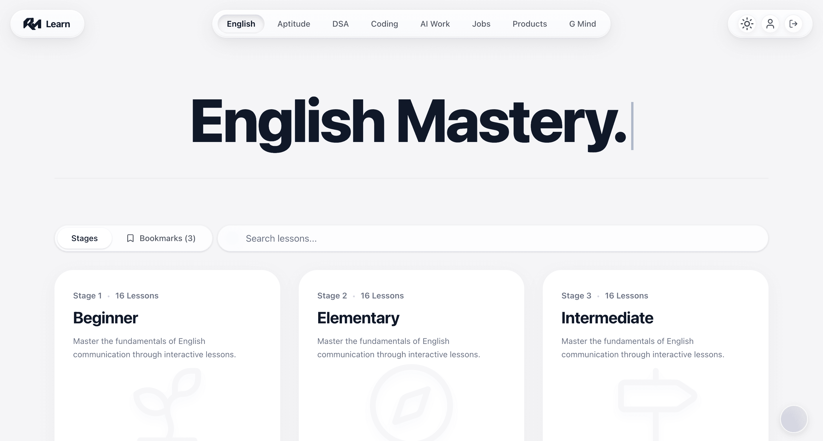 The RMLearns English module on screen